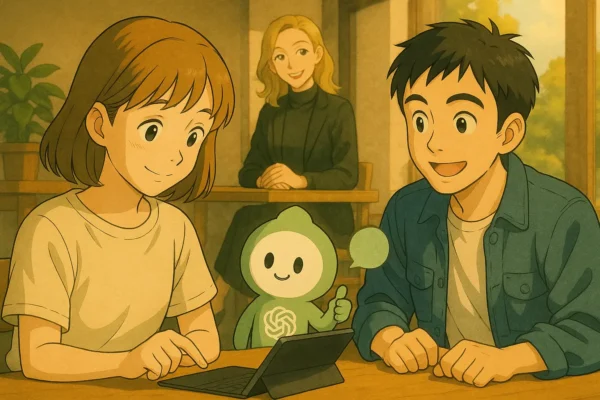 陽菜とひろとがiPadを操作し、ChatGPTくんが親指を立てて見守る。後方の席で彩花が穏やかに笑顔を向けている(カフェシーン)