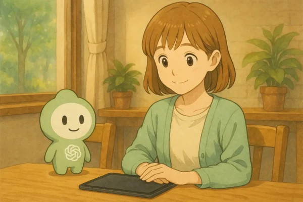 陽菜がiPadを見ながらChatGPTくんと会話する様子(北欧カフェ風)