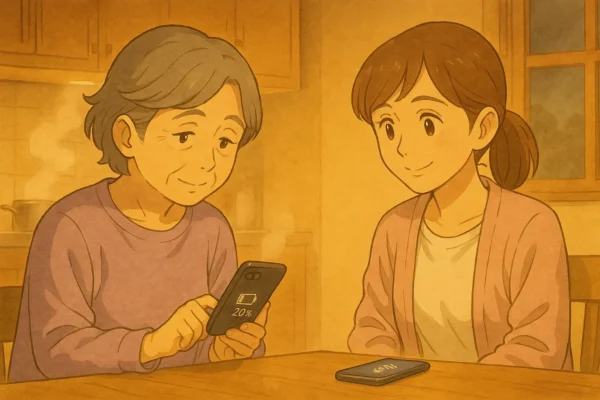 湯気の立つ鍋／母の手元のSE2と、結衣のSE3。暖色の照明。