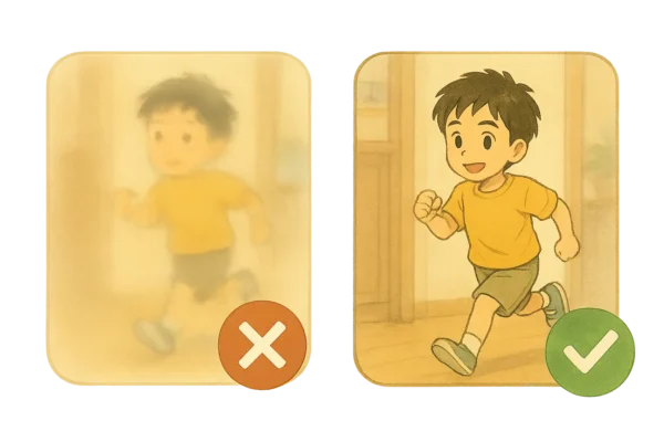 薄暗いリビングで孫（颯真）を撮るシーン。