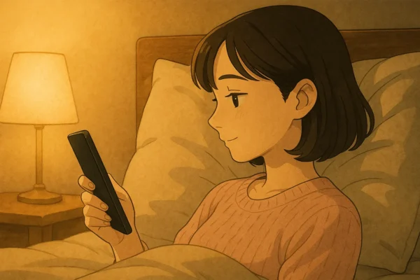 まなみ：ベッドでminiを軽く持つ横顔、照明はやわらかい暖色。