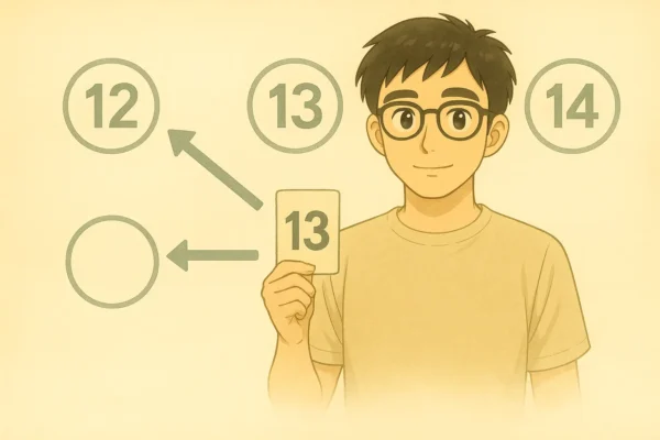12/13/14の分岐の前で、13カードを手に微笑むさとし。