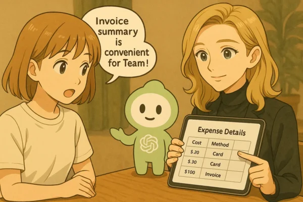 彩花がiPadで経費一覧を確認中。 陽菜:「個人カードでもOKなんだね」 ChatGPTくん:「請求書まとめはTeamが便利!」