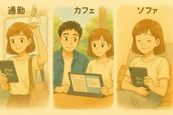 通勤=吊革+11片手、2) カフェ=13で2分割、3) ソファ=11でリラックス