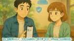 iOS 26のアップデートを前に設定の段取りを話す男女のイラスト（カフェ、雲と盾のピクト）