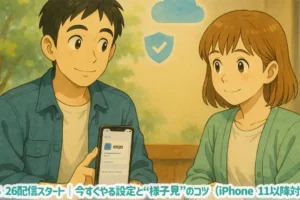 iOS 26のアップデートを前に設定の段取りを話す男女のイラスト（カフェ、雲と盾のピクト）