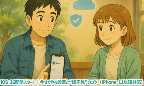 iOS 26のアップデートを前に設定の段取りを話す男女のイラスト（カフェ、雲と盾のピクト）