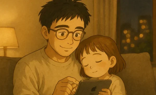 夜のリビングで、父がiPhone 16eで眠る子どもをやさしく撮ろうとしている。