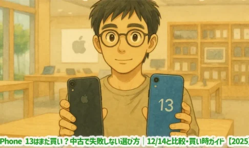 Satoshi compares his iPhone XR with an iPhone 13 at a table, deciding to upgrade.