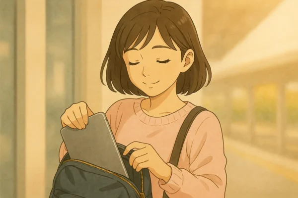 まなみ：横流し前髪、miniをバッグからサッと出す半身。