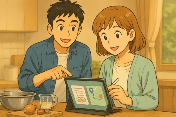 キッチンカウンターで、陽菜とひろとがiPad Pro M5を見ながら、レシピ・地図・手書きメモを分割表示して段取りを確認しているイラスト。やわらかな自然光と水彩調の質感。
