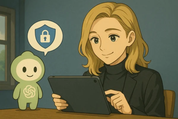 彩花が安心した表情でTeamのセキュリティ画面を確認。 ChatGPTくんが盾アイコンを持って「データは安全!」