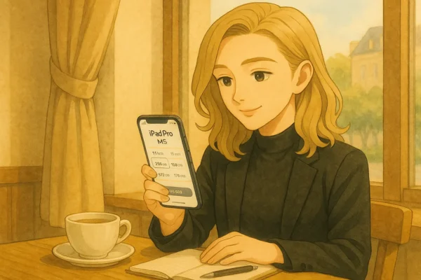 彩花がスマホでiPad Proの本体価格を確認している