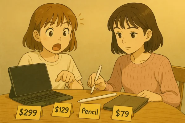 キーボード・ペン・保護で合計が上がるポイントを確認する二人