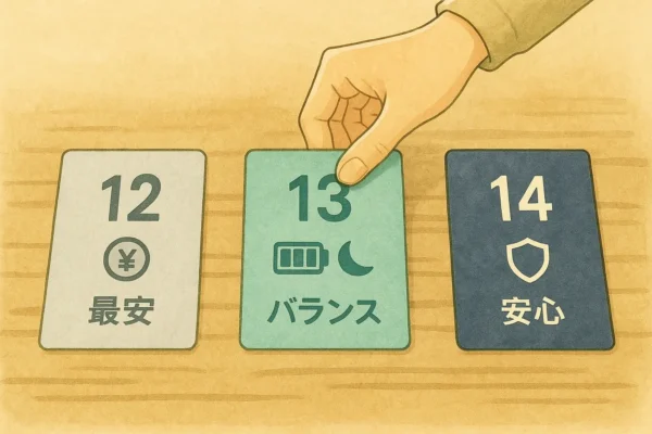 Three option cards—12 (price), 13 (balance), 14 (safety). Satoshi’s hand picks the 13 card.