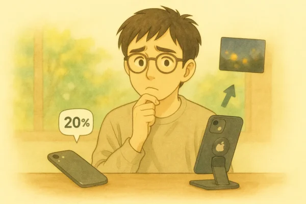 Satoshi weighing three concerns—budget, night blur, and MagSafe—comparing his iPhone XR with an iPhone 13 at a table.