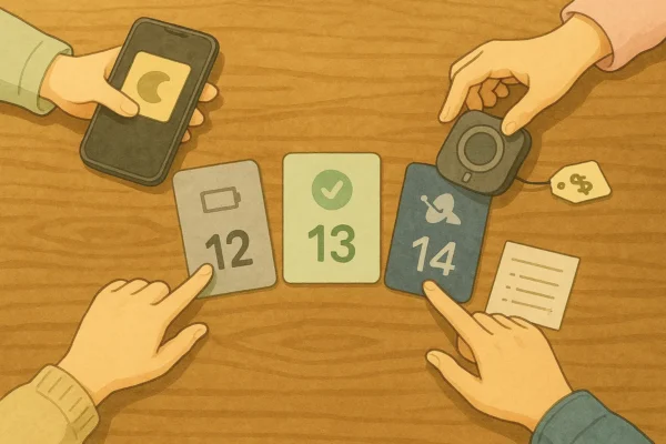 Four hands around a table: Satoshi taps the “13 | balance” card, Hiroto points at a comparison sheet, Hina shows a moon-note for night shots, Manami snaps on a MagSafe stand with a price tag nearby.