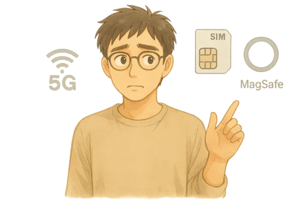 Satoshi reviews SIM/eSIM options and a MagSafe stand on the table.