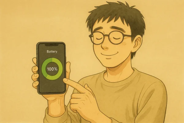 Satoshi points at a battery health/remaining indicator with relief.