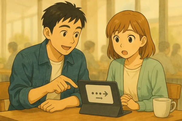 昼休みの社員食堂で、ひろとがiPad Proを指さしながら要点を共有し、驚く陽菜が聞き入る水彩風イラスト。