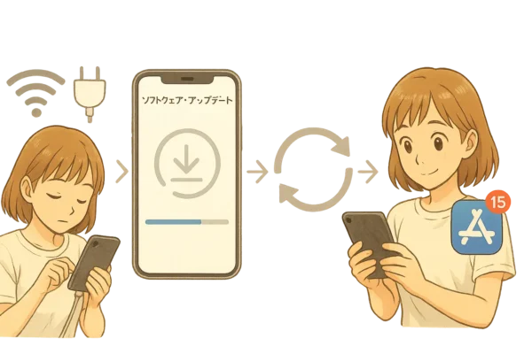 iOS 26をスマホだけで更新する手順フロー(4ステップ)