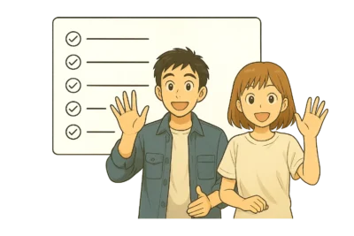 iOS 26更新前後のチェックリストを確認する男女のイラスト