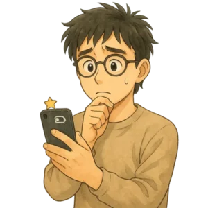丸メガネのさとしがiPhoneを持ち、少し困り顔で考えている。この記事で答えを探す表情。