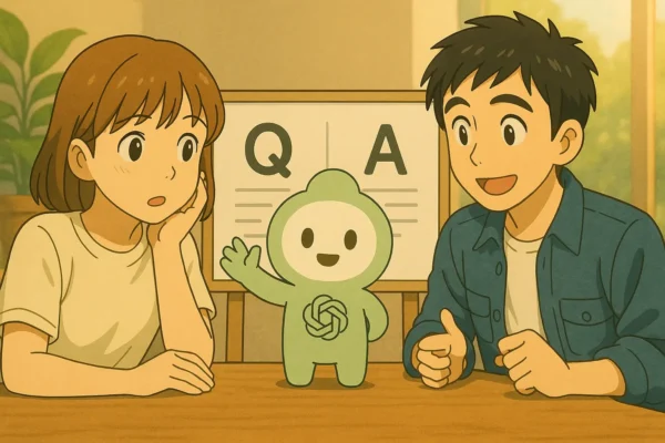 ChatGPTくんが中央でホワイトボードにQとAを書き、陽菜とひろとが左右で質問・納得している。