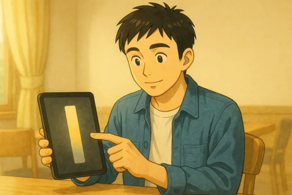 iPadの画面に表示された縦長の明るさバーを指さしながら、穏やかな表情で説明しているひろとのイラスト。