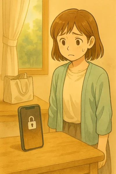 テーブルに立てかけたiPhoneがロック画面になっており、陽菜が少し汗をにじませながら驚いた表情で見つめている。日差しが差し込む室内で、置きっぱなしのまま自動ロックされた状況を表現した水彩タッチのイラスト。