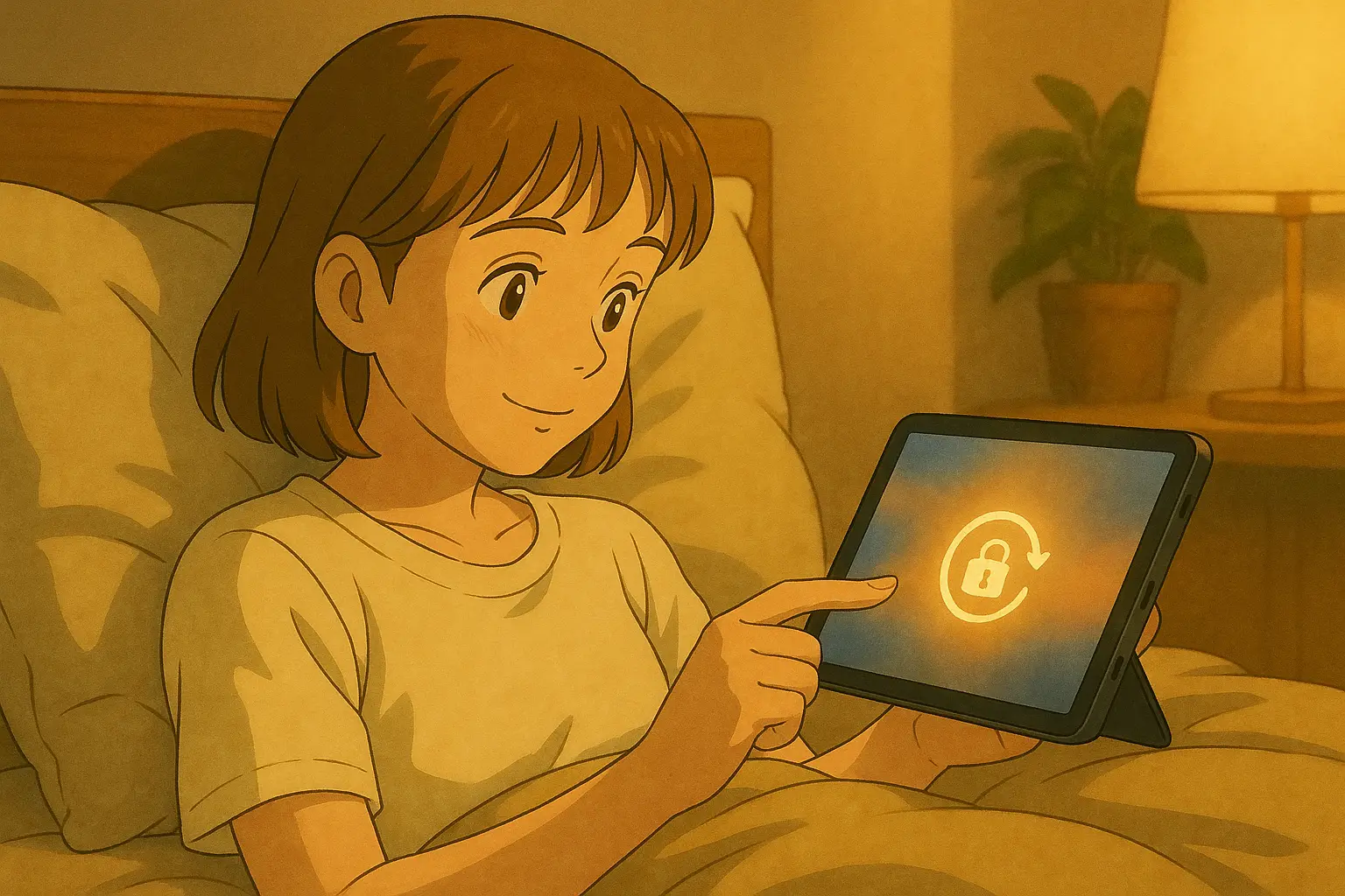 寝転んでドラマを見る前に、回転ロックをオンにしてほっとする陽菜