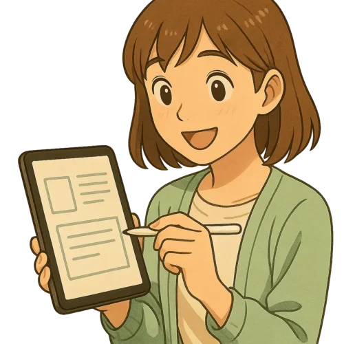 陽菜が片側にPDF風ピクト  もう片側にノート風ピクト  Apple Pencilで「ちょんっ」と触れながら
「見ながらメモってこういうことか…！」という微笑み