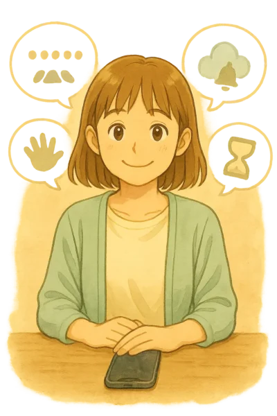 陽菜がスマホを前にやさしく微笑みながら、ロック画面まわりの“よくある不安”を示すふきだしに囲まれているイラスト