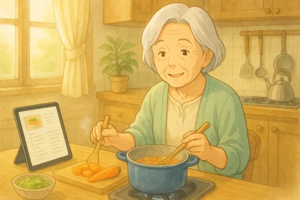 幸子がiPadを見ながら、料理をしている。