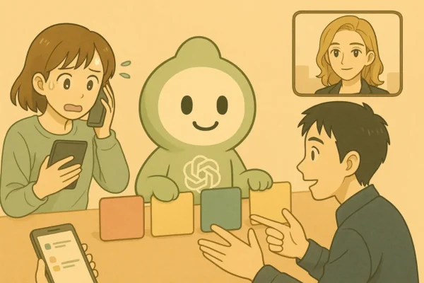 陽菜が問い合わせの対応して、ひろとが4段カードに整理している。通話小窓に彩花。