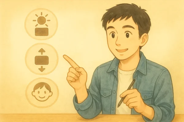 Q&Aのポイントを整理するように、3つの抽象アイコンを指さしながら穏やかに説明しているひろとのイラスト。