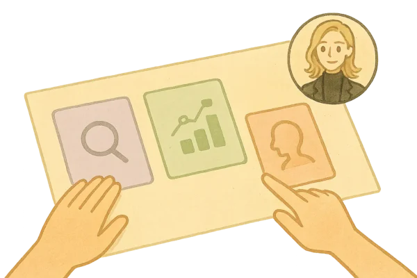 3カードと通話小窓。抽象UIのみ、可読文字なし。