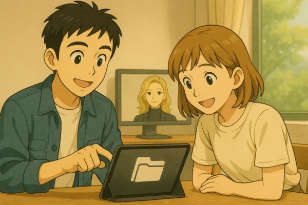 ひろとがiPadを操作、陽菜が隣で覗き込む。彩花はモニター枠内に登場。