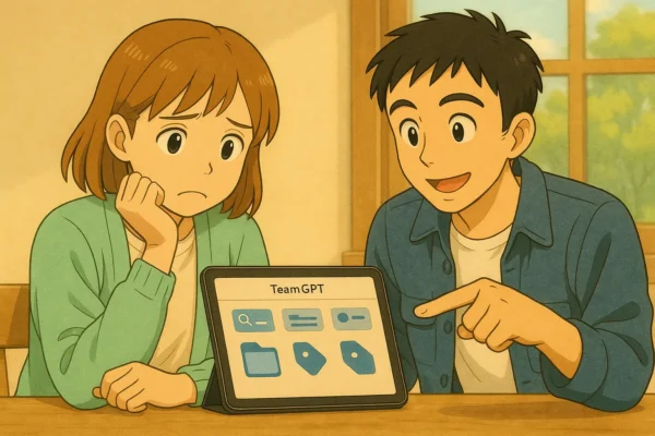 陽菜が Team GPT の画面を見ながら「テンプレが多すぎて探せない…」と困ってる表情。