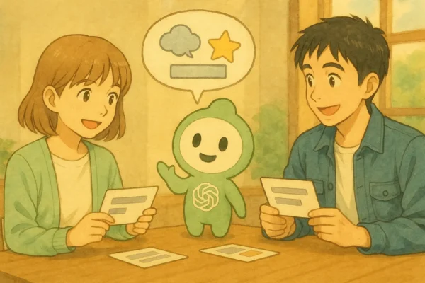 陽菜とひろとが広告文のカードを見比べ、ChatGPTくんが吹き出しでアイデアを示している