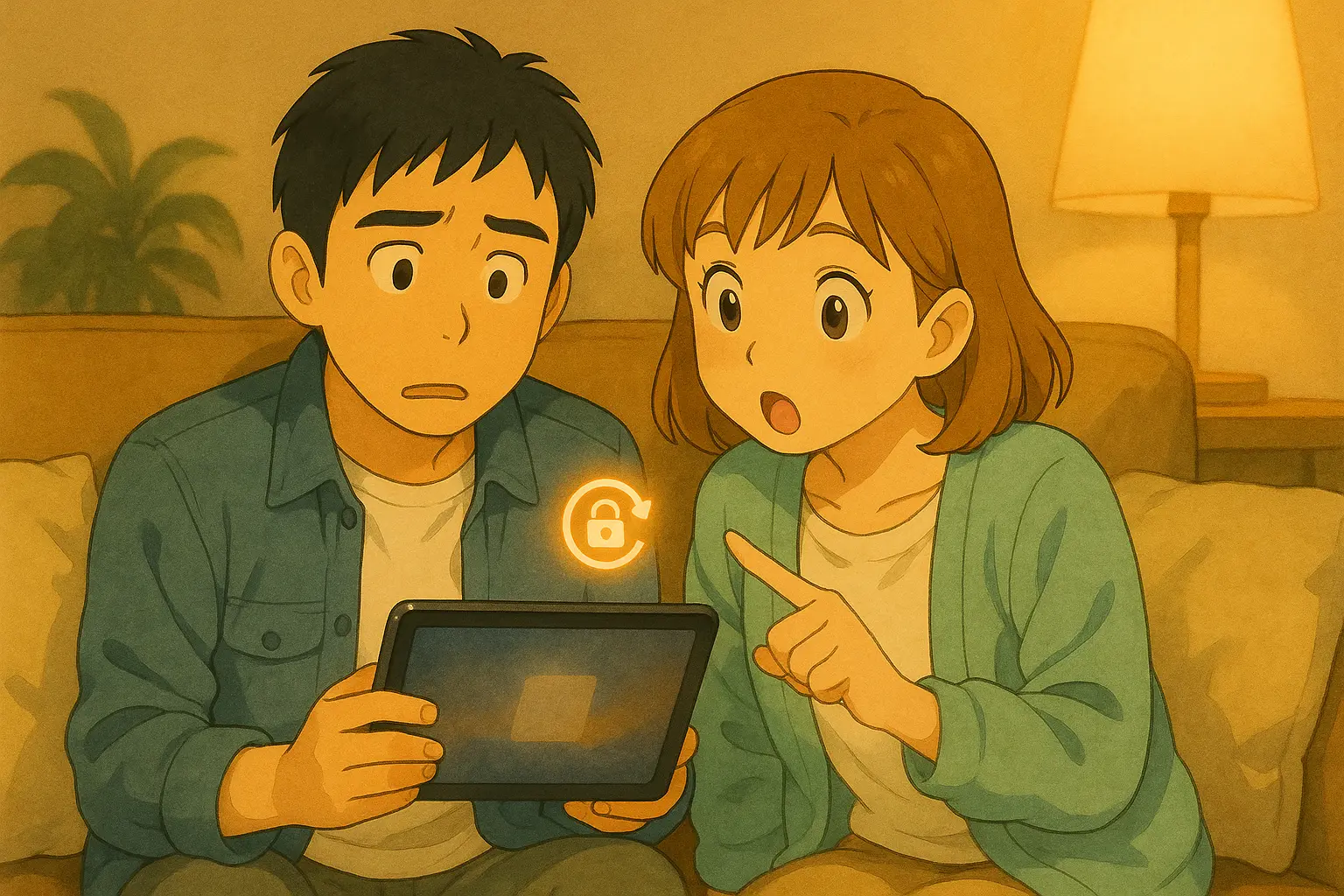 ソファで iPad の向きが戻らず困っているひろとに、陽菜が鍵マーク(回転ロック)を指さして教えているイラスト