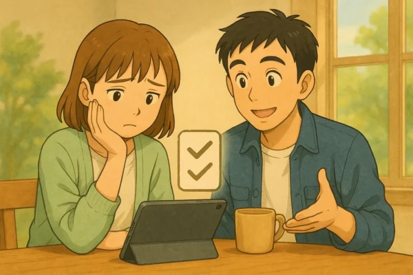 陽菜が iPad を前に置いて
「なんで今日はうまくいかないの…？」と少し困った顔
※困り顔は“ほんのり”で、可愛く・優しく  ひろとが横で
「大丈夫、よくあるやつだよ。原因は絞れるからね。」
と穏やかに説明する