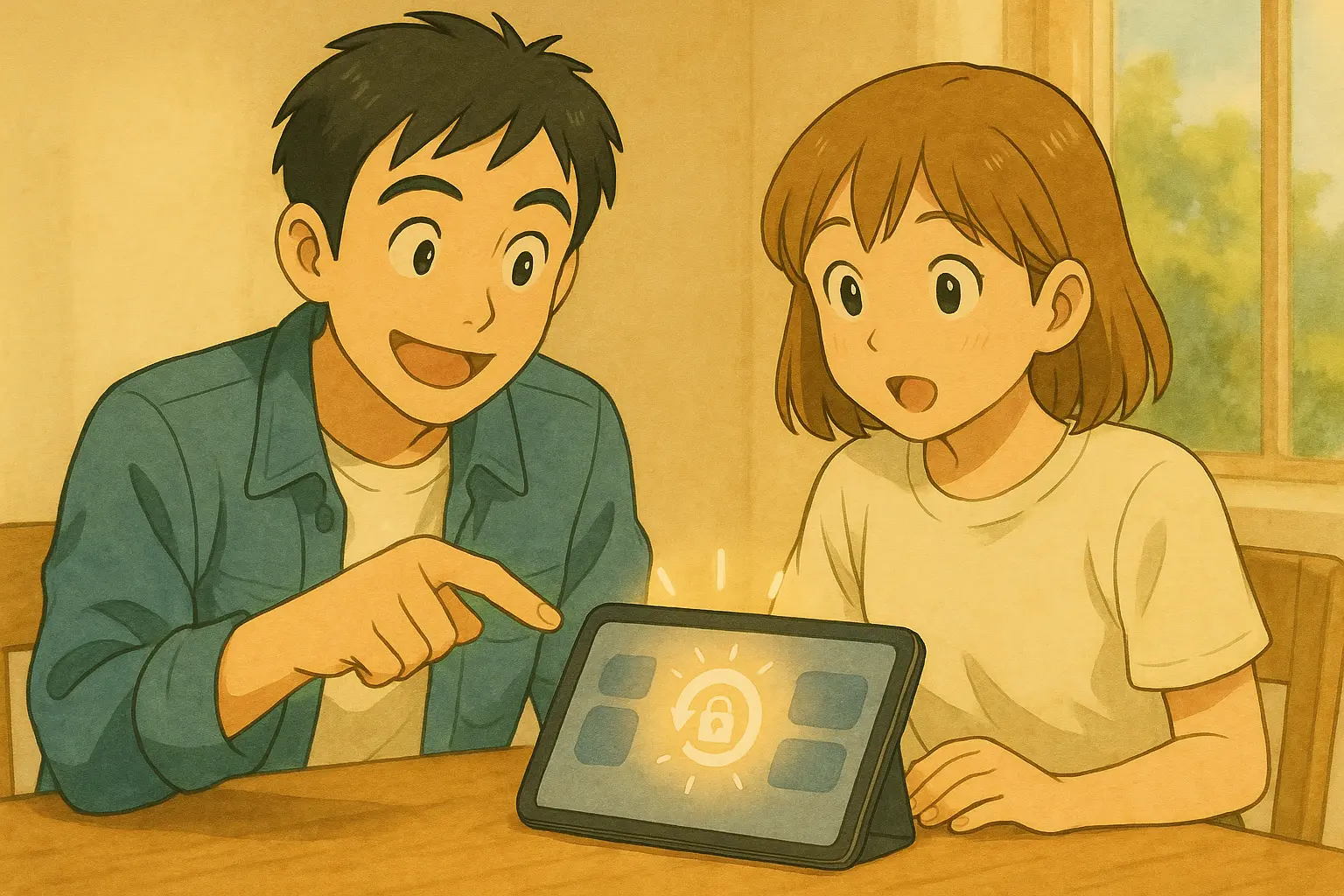 ひろとが回転ロックの抽象アイコンを指さし、陽菜が驚いたように見つめている。