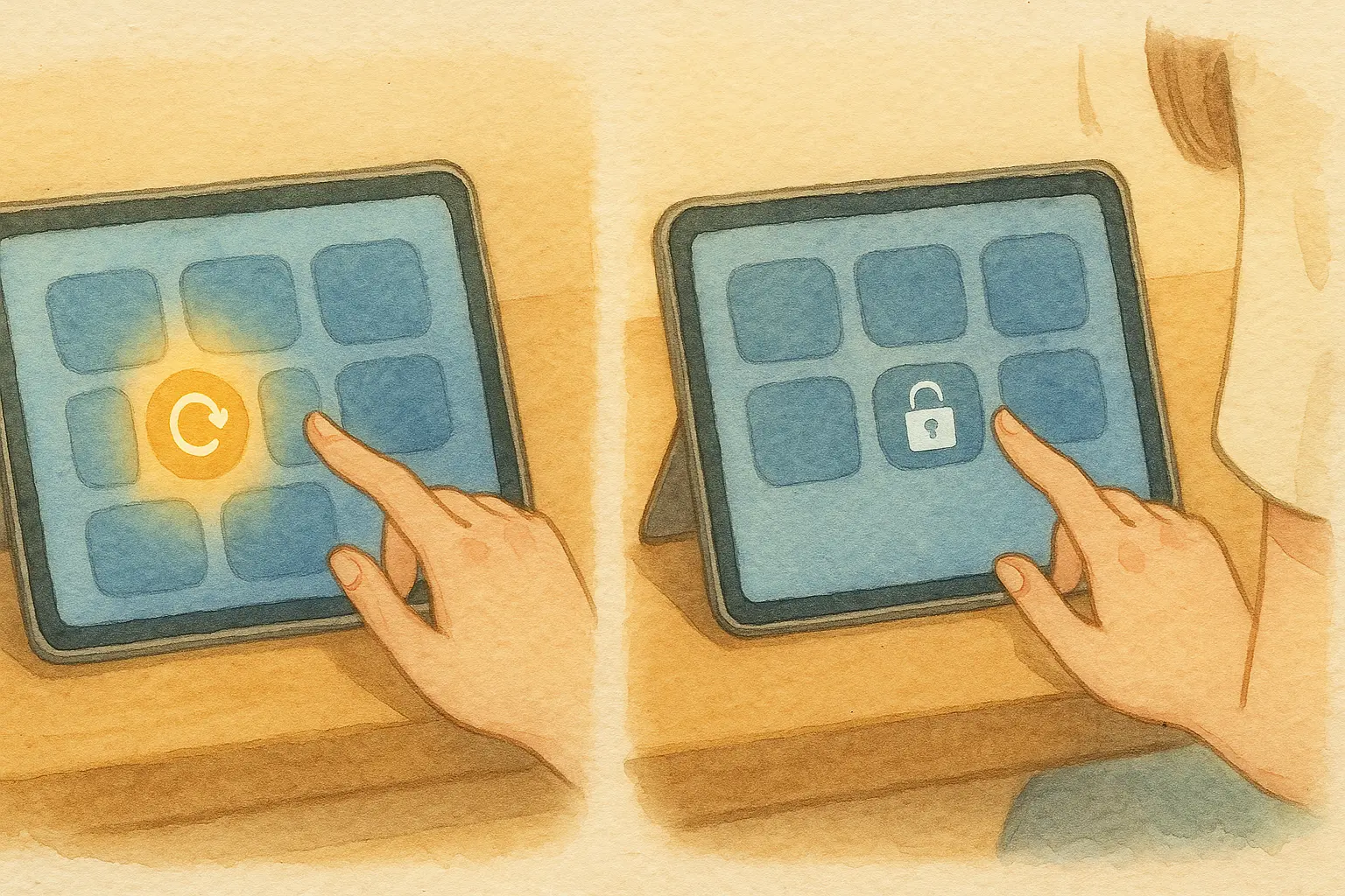 iPad画面に抽象的なコントロールセンターが表示され、回転ロックがオン・オフに切り替わる様子。