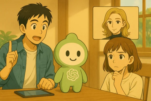 週次レビューで悩む陽菜。ひろとが「保存率」を示して助言し、彩花が通話小窓で励ますシーン。抽象UIで指標とグラフの雰囲気を表現。