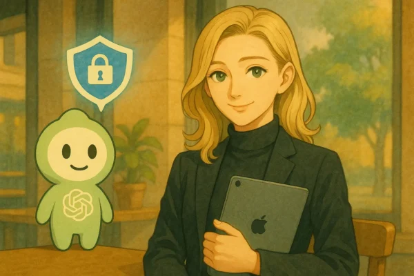 彩花が iPadを持って微笑んでいるシーンChatGPTくんが「鍵アイコン」を投影(情報保護のニュアンス)