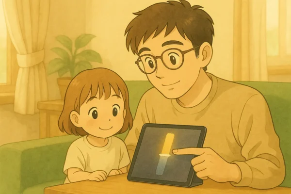 昼のリビングで、さとしがiPadの明るさバーを下げて調整し、その画面を芽依がまぶしさを感じずに楽しそうに見ている様子を描いたイラスト。