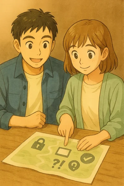 陽菜とひろとが木のテーブルで“シリーズ全体の地図”のような紙を一緒に見ながら、次に読む記事を楽しそうに相談しているイラスト