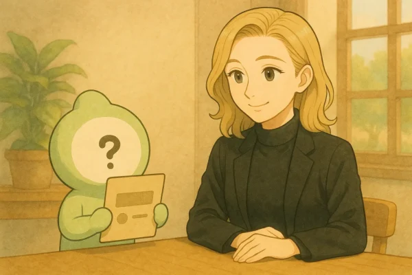 ChatGPTくんが質問カードを持ち、彩花が優しく回答している