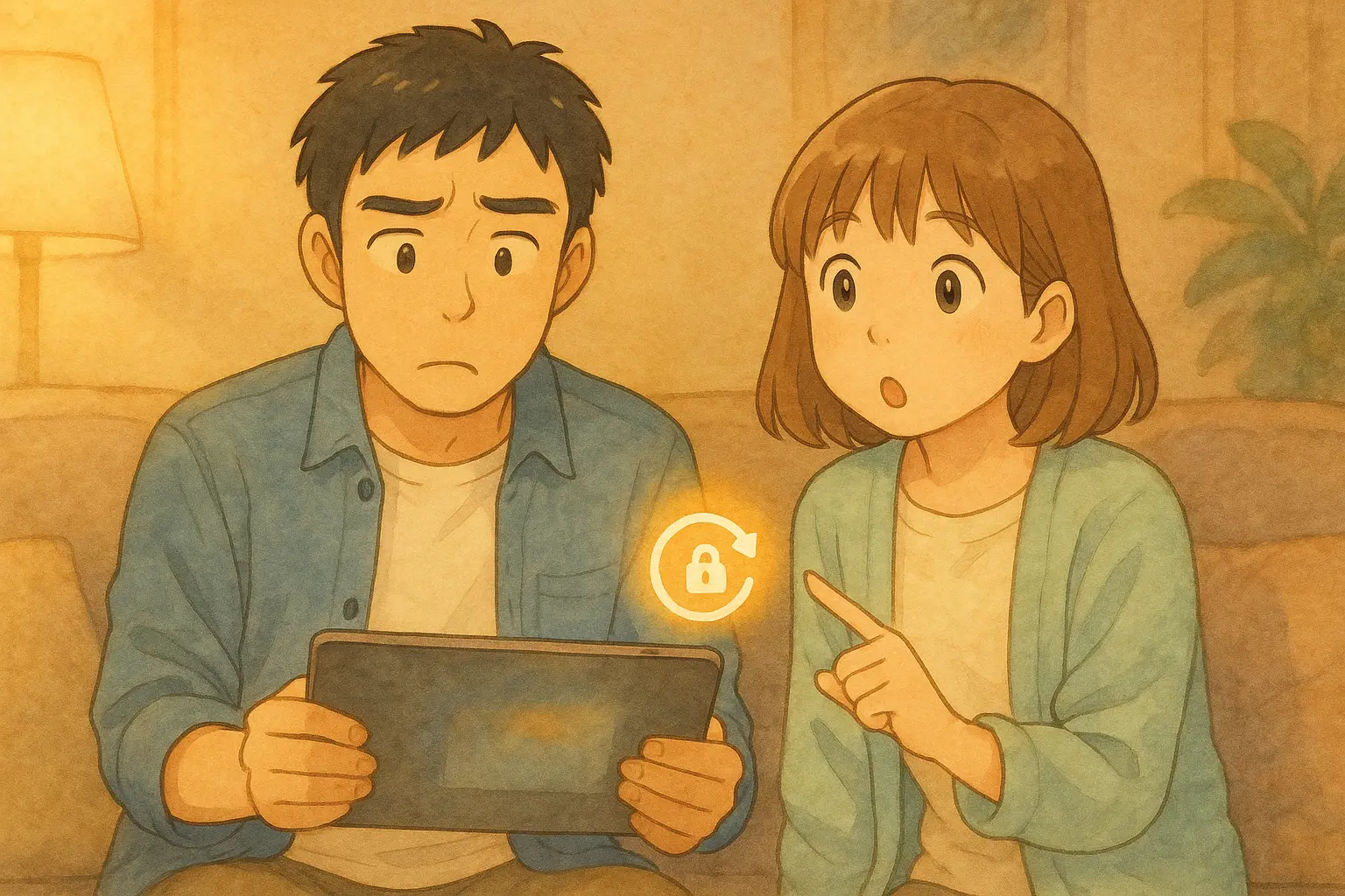 ひろとが横向きのまま動かない iPad を見て困っている横で、陽菜が鍵マーク(回転ロック)を指さして教えている様子のイラスト